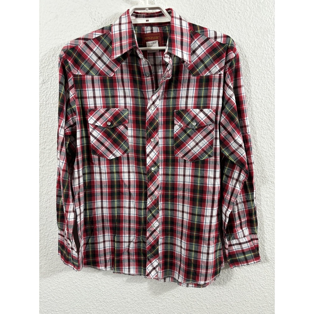 Rustler Shirt Mens Large Red‎ Green Plaid Western Pearl Snap X-Long Tails